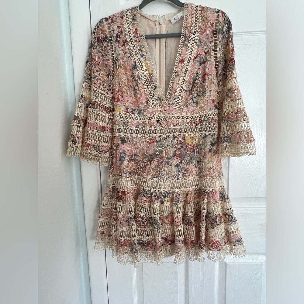 Zimmerman A Line Dress w Crochet Mesh Detailing and Beige w pink & purple Sz 6 - Picture 5 of 11